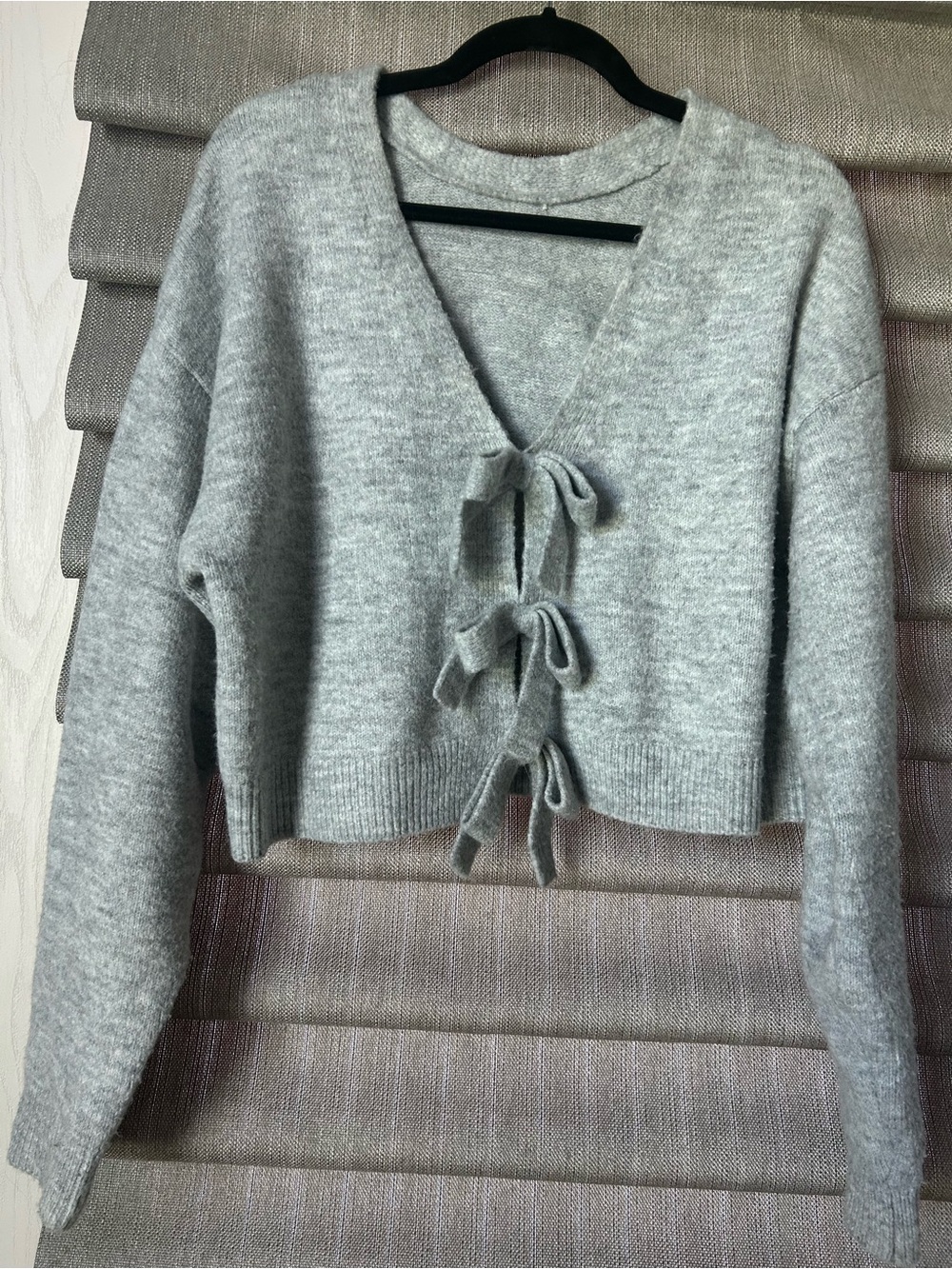 Gray Tie-Front V-Neck Cropped Sweater